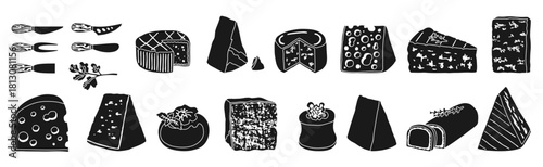 Cheese hand drawn black silhouette set illustration. Different types shape of cheese Brie, Camembert, Swiss cheese with holes, Parmesan blue cheese. Graphic vector figure design food or dairy projects