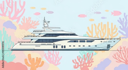 Fototapeta Naklejka Na Ścianę i Meble -  Large private watercraft floats above a colorful underwater coral reef environment