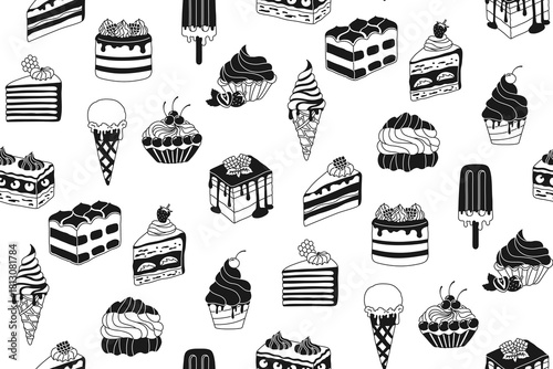 Cakes, pieces of cake, ice cream desserts vector black and white seamless pattern. Birthday various slices cakes texture boundless background. Sweet holiday bakery. Endless wrapper backdrop template