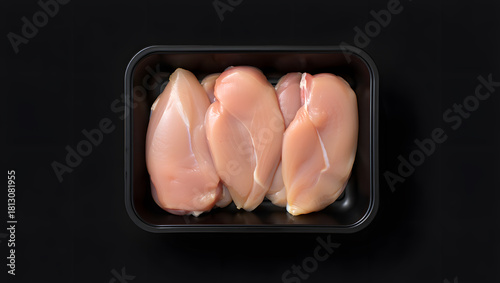Raw chicken breast fillets in a black plastic tray on a dark background
