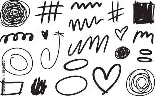 Hand drawn abstract scribble shapes and symbols collection