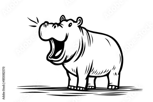 Vector Illustration of a Yawning Hippopotamus in Cute Cartoon Line Art Style