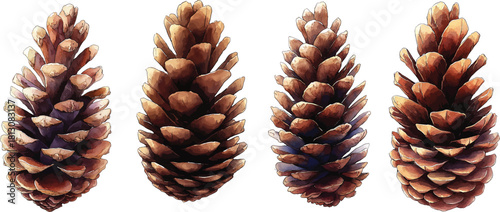 Set of pine cones isolated on white background. Hand painted watercolor. Botanical hand drawn  illustration vector Cones of coniferous trees, forest elements