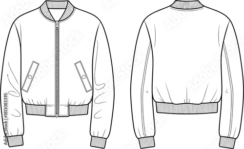 Classic Bomber Jacket Technical Fashion Drawing Vector Illustration Featuring Ribbed Collar, Hem, and Cuffs, Full Zip Closure, Flap Pockets, Front and Back View, Apparel Mockup.