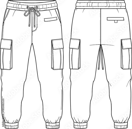 Women's flared jeans, bell bottom trousers, 5 pocket denim pants, front back view, cad drawing flat vector illustration.v