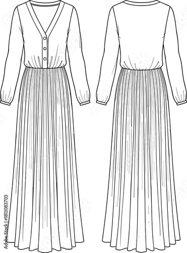 Women's long sleeve maxi dress technical flat sketch, V-neck button placket, gathered waist, front and back view vector.