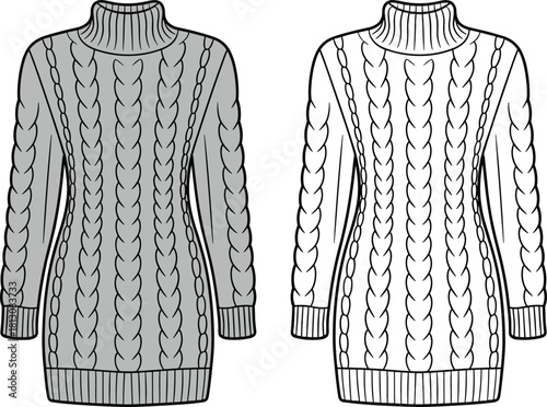 Cable Knit Tunic Sweater Technical Fashion Drawing Vector Illustration of a Women's Long Turtleneck Dress Featuring Oversized Cuffs and Ribbed Hem, Full and Outline View.
