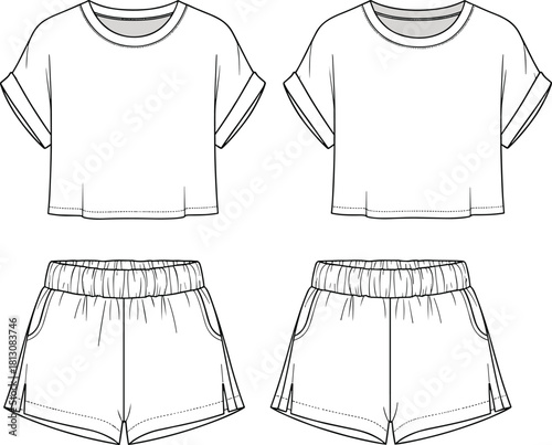 Women's loungewear set technical fashion sketch, crop top with rolled sleeves and elastic shorts, cad drawing flat vector illustration.