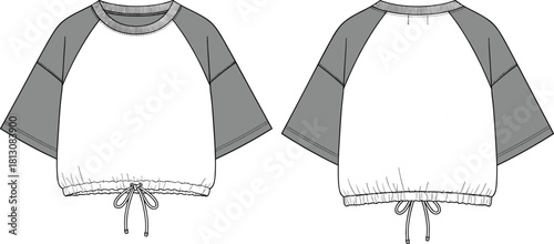 Women's raglan sleeve top with drawstring hem, technical fashion sketch, color block design, front and back view, cad drawing flat vector illustration