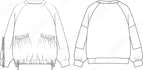 Women's raglan sweatshirt, ruffle pockets, drawstring hem, crew neck, front back view, cad drawing flat vector illustration.