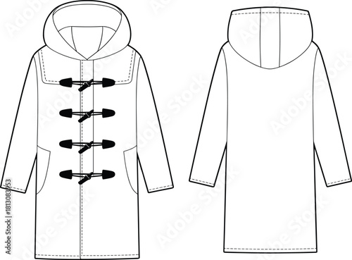 Classic Duffle Coat Technical Fashion Drawing Vector Illustration Featuring Toggle Closures, Hooded Neckline, Knee Length, Patch Pockets, Front and Back View, Winter Outerwear Mockup.