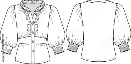 Women's ruffle collar blouse, button down, puff sleeves, wide waist, smocked cuffs, front back view, cad drawing flat vector illustration.