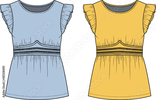 Women's ruffle sleeve blouse fashion flat sketch, technical drawing of empire waist top with lace insert, vector illustration set.