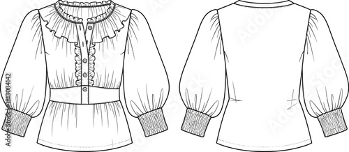 Women's ruffle neck blouse, button down, puff sleeves, smocked cuffs, peplum waist, front back view, cad drawing flat vector illustration.