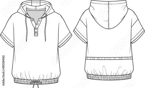 Women's short sleeve hoodie, henley placket, drawstring hem, elastic waist, front back view, cad drawing flat vector illustration.