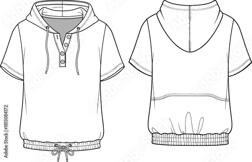 Women's short sleeve hoodie, henley placket, drawstring hem, set-in sleeves, front back view, cad drawing flat vector illustration.