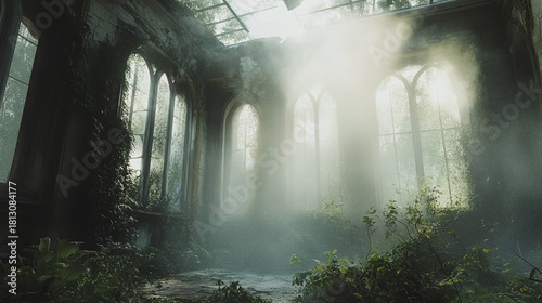 A mystical scene of an abandoned mansion, with a dense fog creeping through the broken windows and overgrown garden, giving it an eerie, haunted atmosphere.