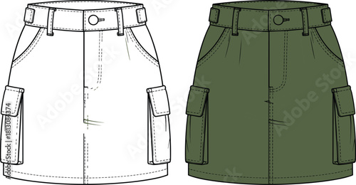 Flat technical drawing vector illustration of a women's mini cargo skirt with flap pockets, belt loops, front pockets, and a clean silhouette, presented in outline and colored view.