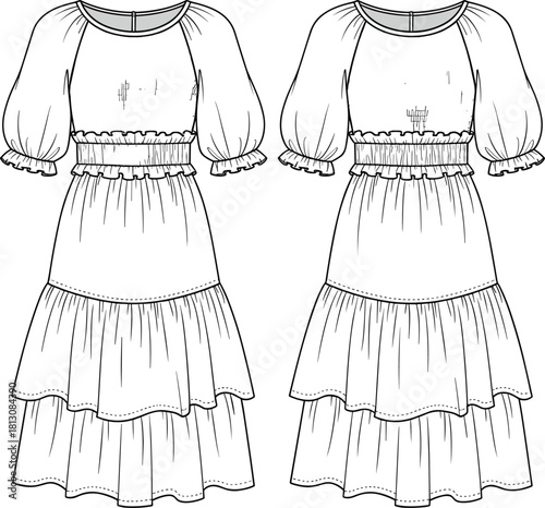 Women's tiered midi dress technical fashion flat, puff sleeves, smocked waist, raglan style, front and back vector illustration.