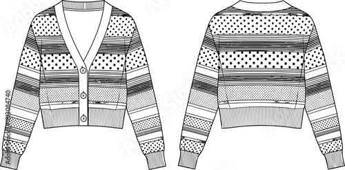 Flat technical fashion drawing vector illustration of a women's cropped knit cardigan featuring a V-neck, button-front, ribbed trims, and a fun mix of polka dot and stripe patterns, front and back
