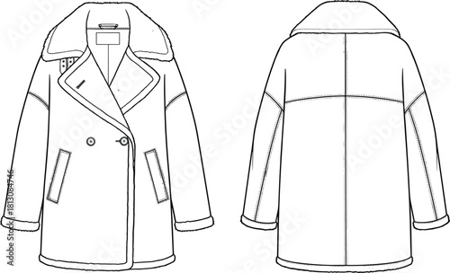 Flat technical fashion drawing vector illustration of a women's double-breasted aviator shearling coat featuring a wide collar, visible fleece trim, patch pockets, and button closure, front and back