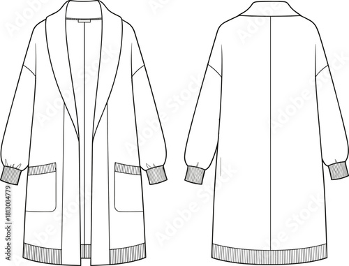 Flat technical fashion drawing vector illustration of a women's long open cardigan or coatigan with shawl collar, ribbed cuffs and hem, large patch pockets, front and back view.