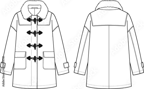 Flat technical fashion drawing vector illustration of a women's duffle coat featuring a fur collar, traditional toggle closures, large patch pockets, and sleeve tabs, front and back view.