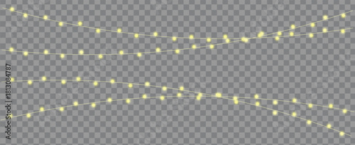 Bright glowing yellow string lights creating a festive and decorative illumination, perfect for celebrations, holidays, and special events, isolated on a transparent background for easy use
