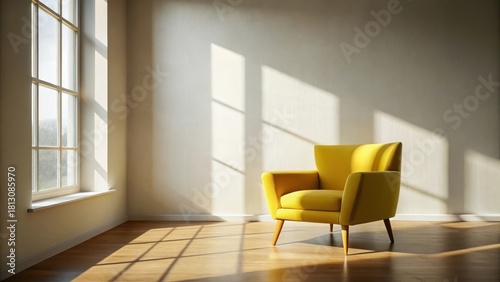 Sunlight Illuminates a Modern Yellow Armchair in a Minimalist Room with Hardwood Floors and a Large Window