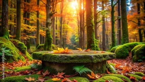 Serene autumnal woodland scene featuring a moss-covered stone structure with fallen leaves