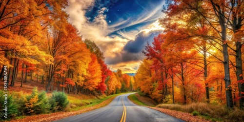 Autumnal Road Winding Through a Vibrant Forest of Golden and Red Trees Under a Dramatic Sky