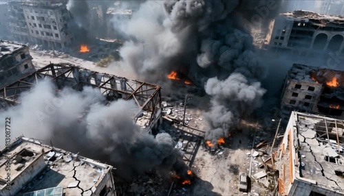 footage reveals a war torn cityscape, with collapsed buildings and rising smoke, devastated urban zone, conflict destruction and news crisis visual