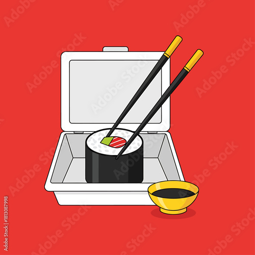 Sushi Roll in Takeout Container with Chopsticks and Soy Sauce Vector Illustration