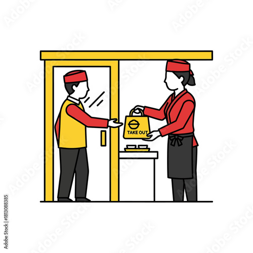 A restaurant worker in uniform hands a takeout food bag to a customer or delivery driver at a storefront. Vector illustration of food service and contactless pickup