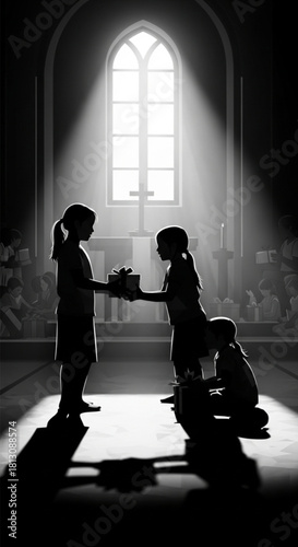 Three children silhouetted while one girl gives a gift to another.