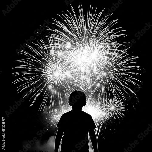 Silhouette of a young boy watching a spectacular fireworks display at night.