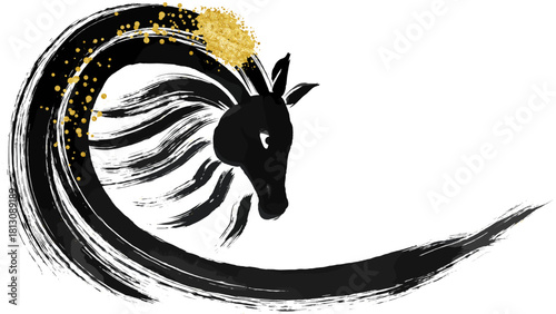 黒い和風水墨画の馬が新年の空へ金の馬がきらきら駆ける希望の瞬間と新年を祝う金色の風