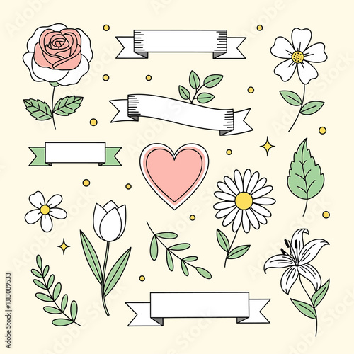 Hand-drawn floral banner and element collection, perfect for spring designs and decorative purposes, suitable for various projects