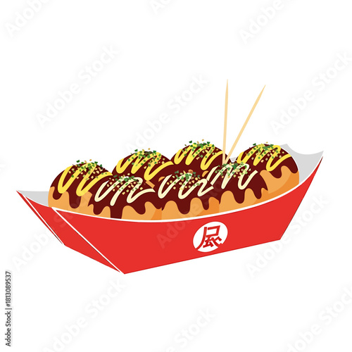 Appetizing illustration of Japanese takoyaki, a delicious street food featuring savory fried octopus balls drizzled with sauce and served in a red boat with chopsticks