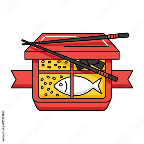 Colorful illustration of a bento box with fish, rice, and chopsticks, perfect for culinary projects or website design
