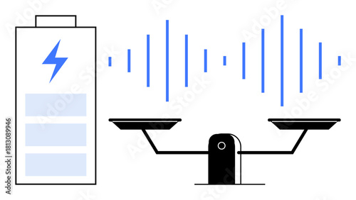 Large battery with a lightning bolt, sound waves, and a balanced scale convey energy management, sustainability, and resource optimization. Ideal for energy, balance, sustainability, efficiency