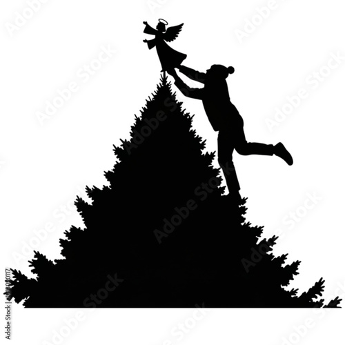 Silhouette of a person precariously placing an angel on a Christmas tree.