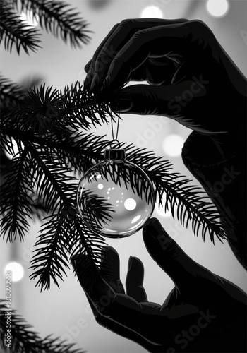 Silhouette of hands carefully placing a clear glass ornament on a Christmas tree branch.