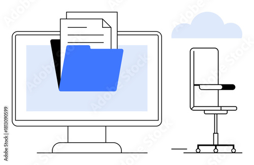 Desktop monitor displaying documents and folder, highlighting organization and digital filing. Office chair and cloud in minimal style. Ideal for productivity, workflow, remote work, paperless