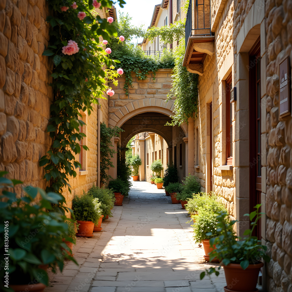 Fototapeta premium Warm narrow alley with rustic stone walls, hanging flowers, sunlit passageway, European summer travel vibe, charming old architecture, peaceful and picturesque scene ideal for tourism campaigns.