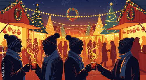 Silhouettes of four friends enjoying hot drinks at a winter market.