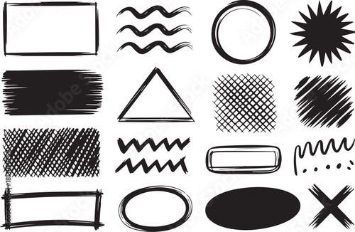Collection of hand drawn sketchy geometric shapes and textures