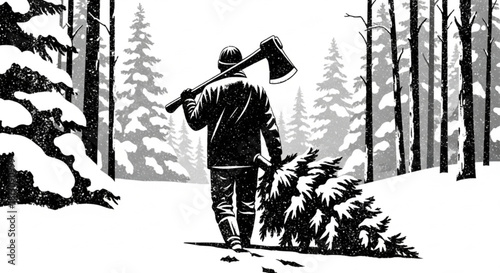 Illustration of a man with an axe carrying a freshly cut Christmas tree.