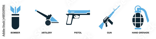Set Military Icon Vector Ideal for applications, games, or graphic design projects related to armed forces, defense, conflict, and specialized equipment.