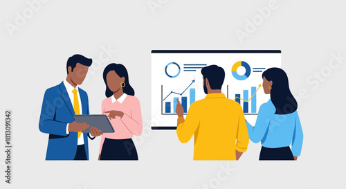 Business meeting with charts and graphs.